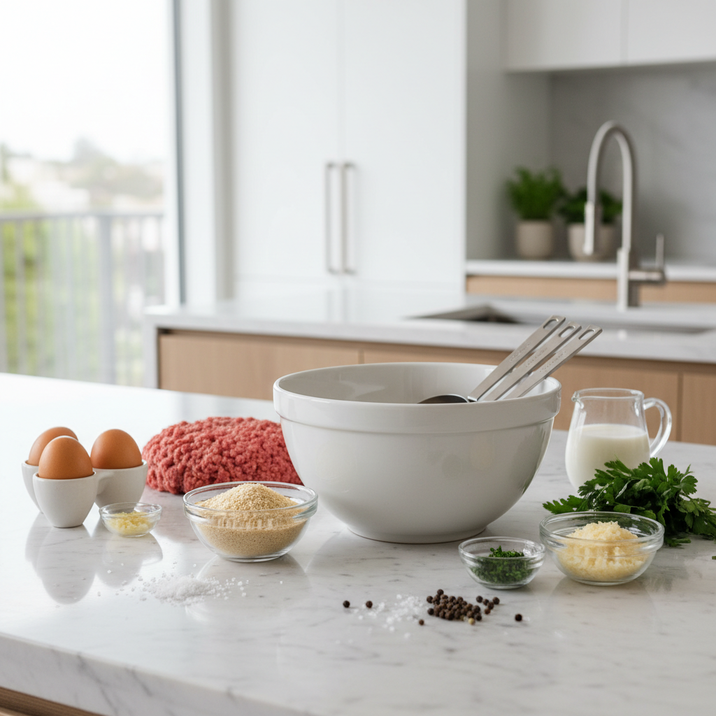 Homemade beef meatballs ingredients on a kitchen counter