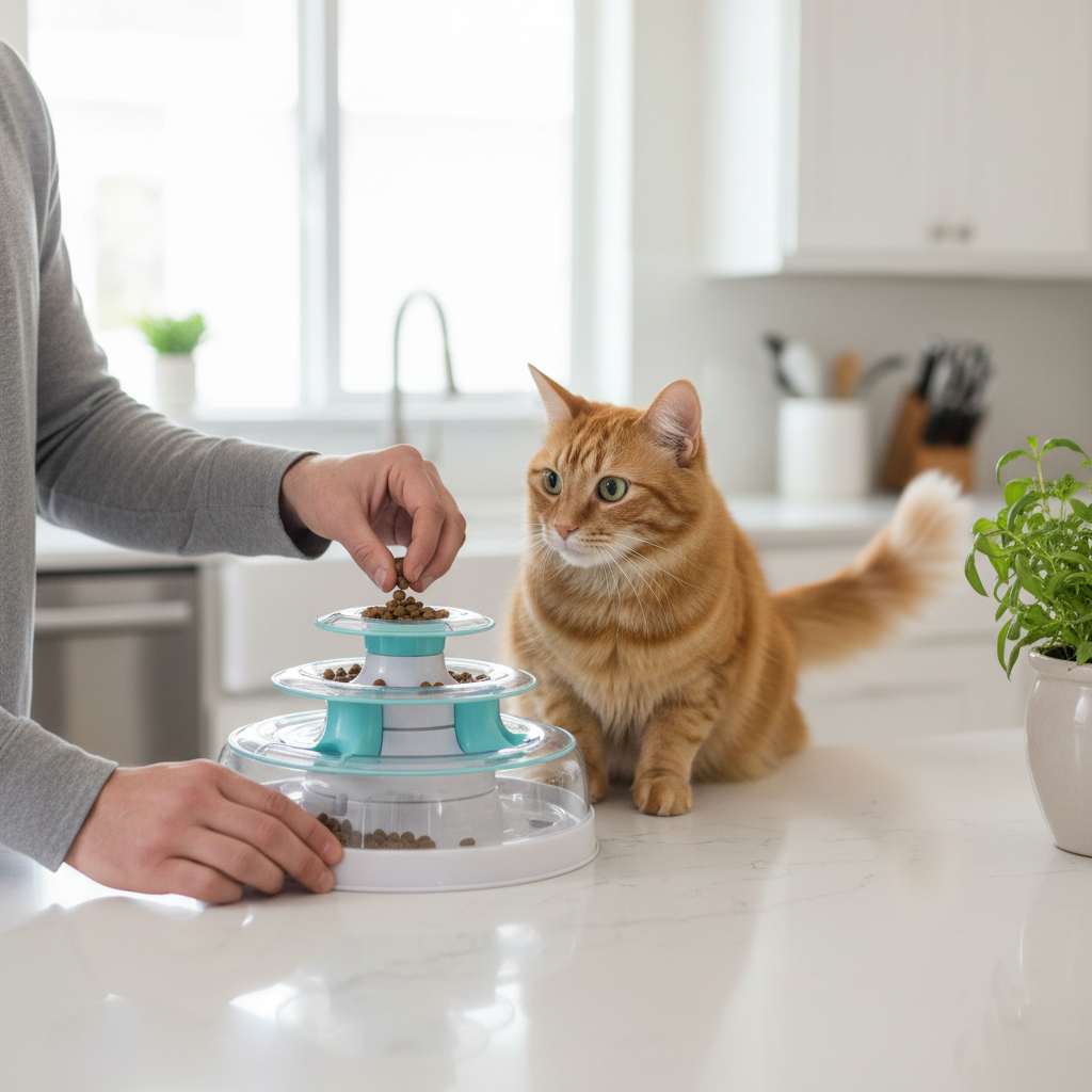 Hands setting up a cat treat dispenser toy with kibble for beginner training