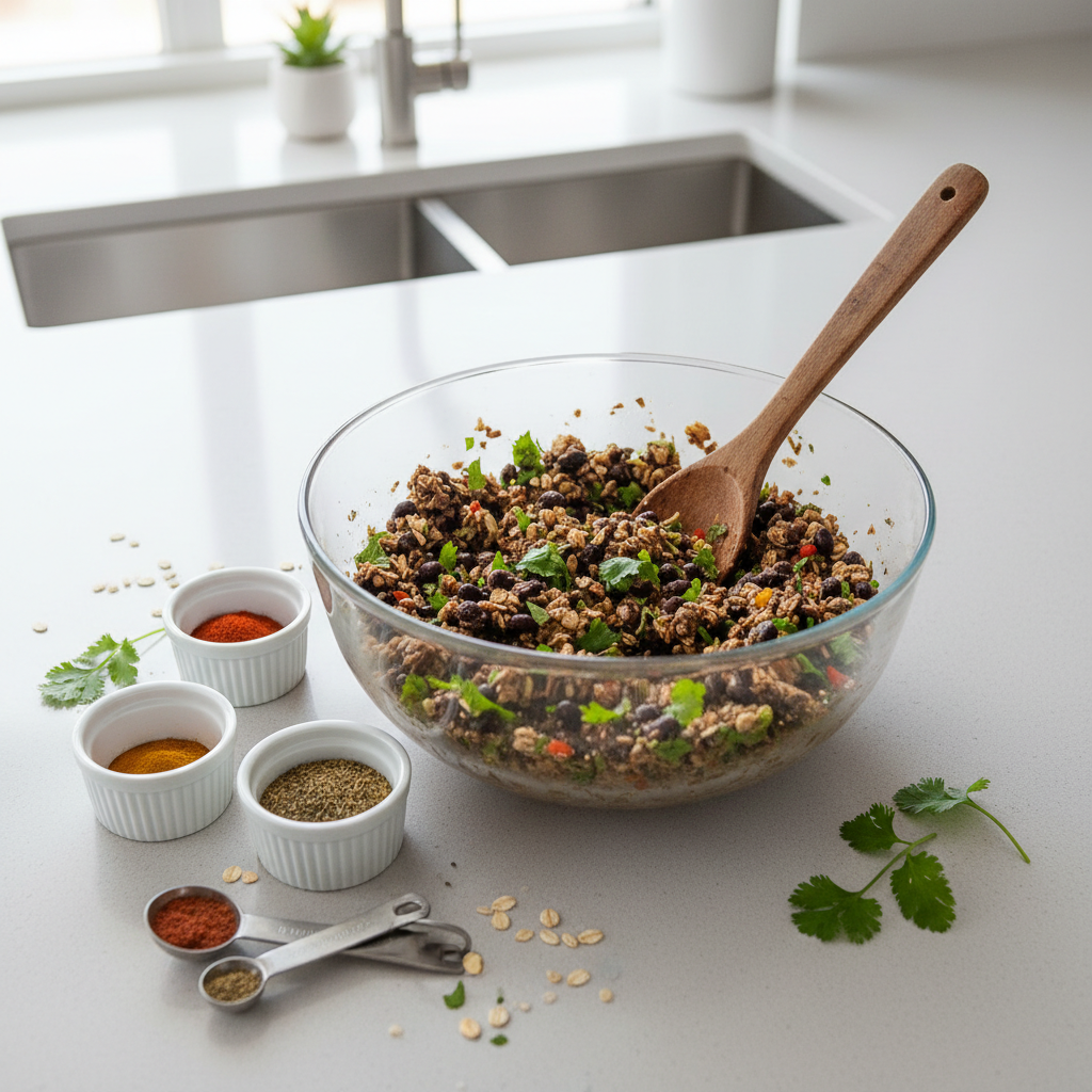 Mixing bowl with veggie burger patty mixture and measuring spoons