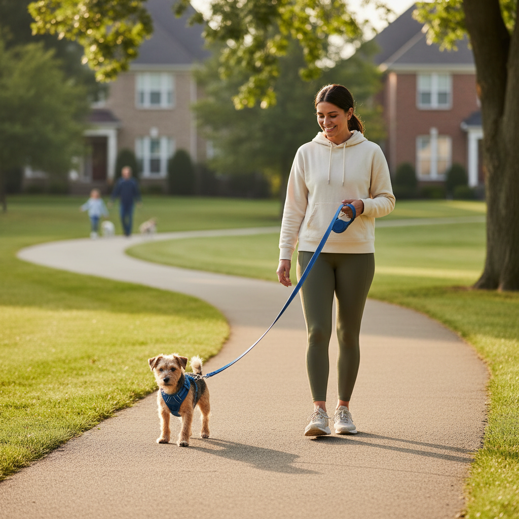 Owner practicing loose leash walking with a small dog using a front-clip harness