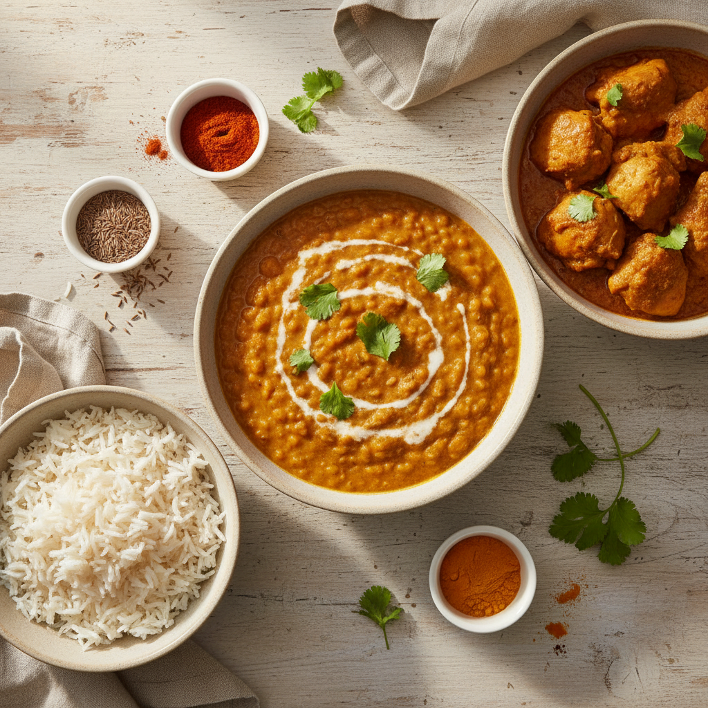 Staple Indian dishes for beginners: dal, rice, and chicken curry