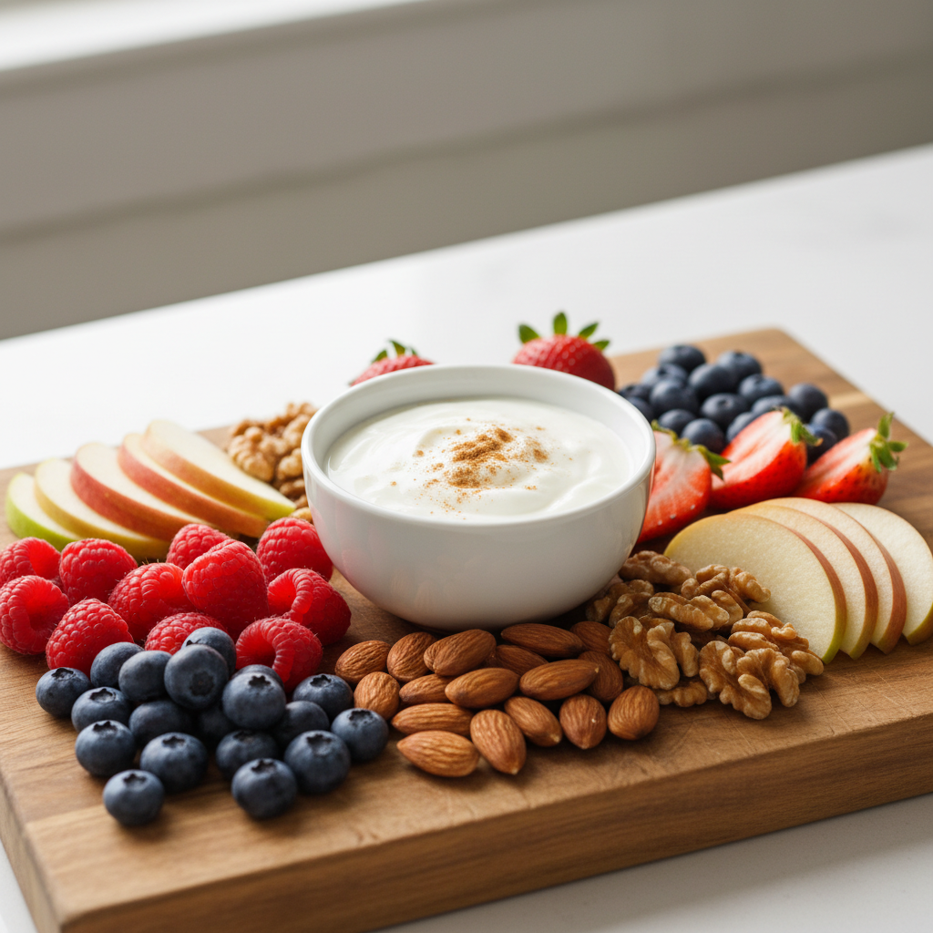 Low sugar snack plate with fruit, nuts, and yogurt