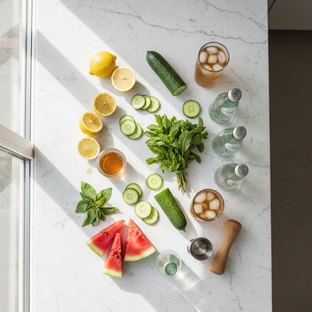 Ingredients for homemade summer drink recipes laid out on a kitchen counter