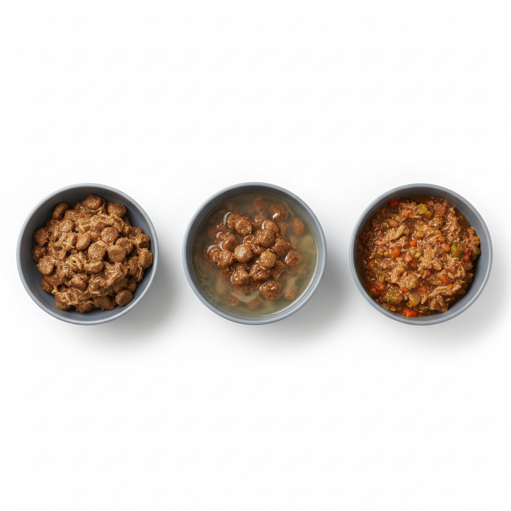 Comparing soft kibble, soaked kibble, and wet dog food textures