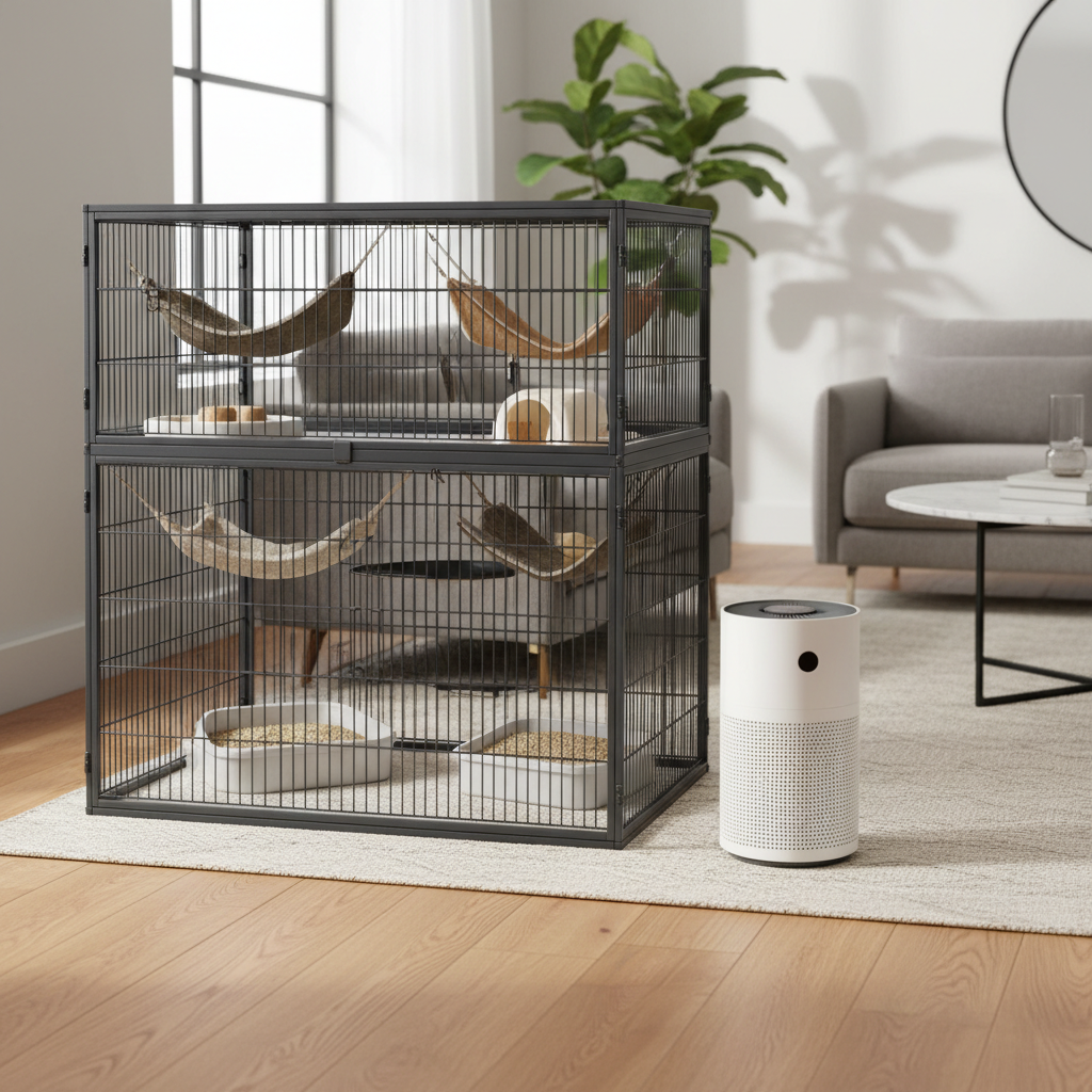 Low-dust ferret litter box setup in a clean living room