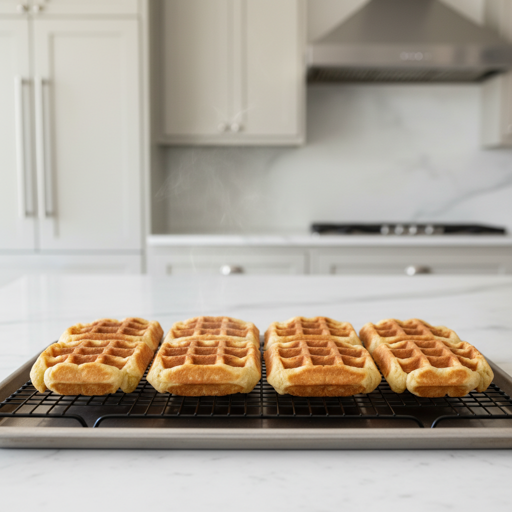 Waffles cooling in a single layer on a wire rack for crisp texture