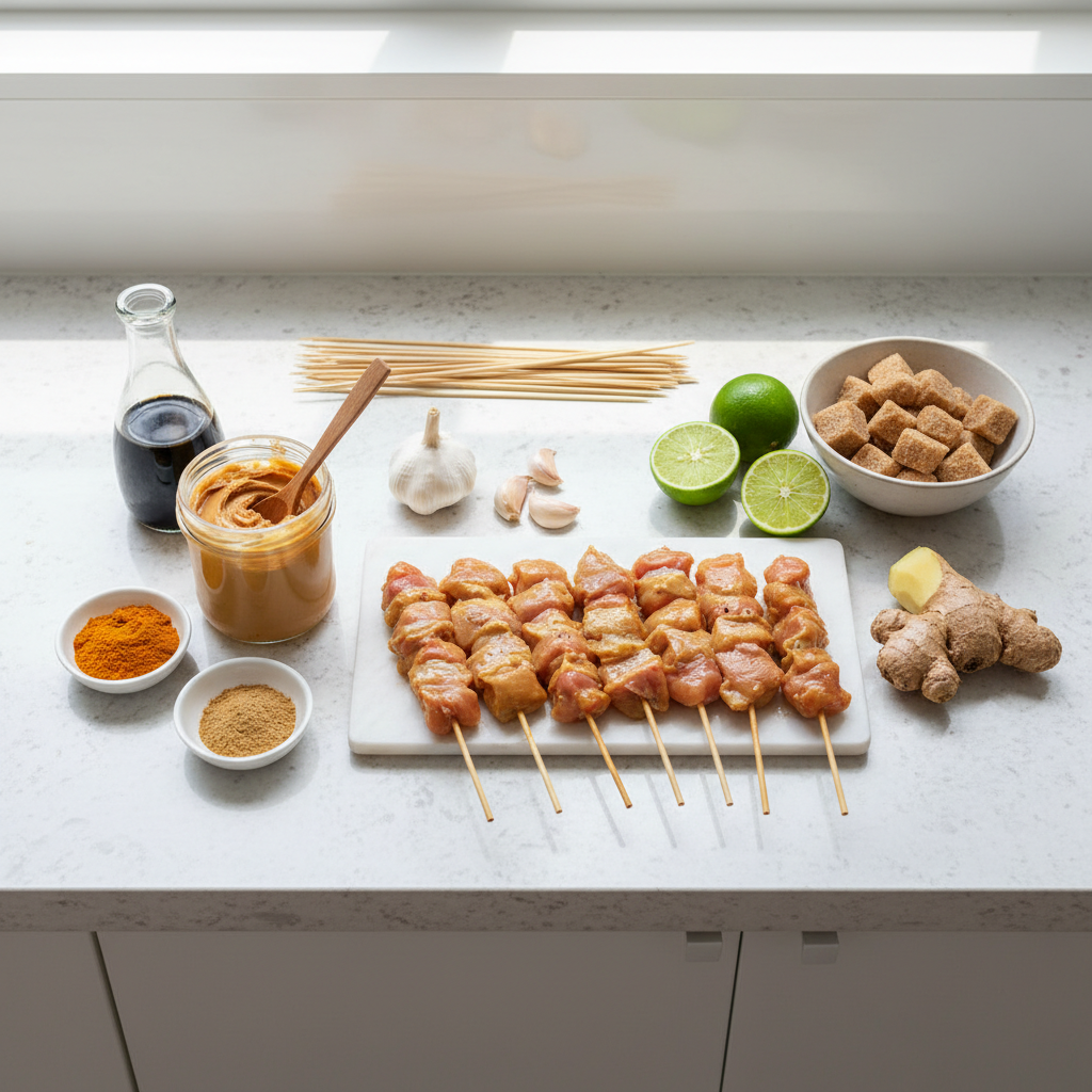 Simple satay ingredients on a kitchen counter including peanut butter, soy sauce, lime, garlic, and chicken