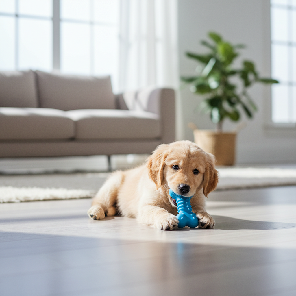 Puppy chewing a safe teething toy in a living room