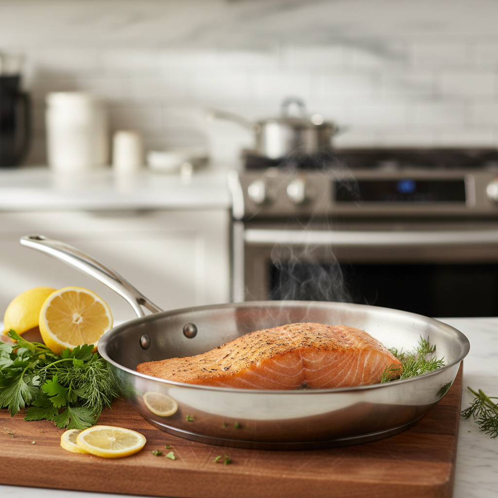 Pan-searing salmon in a skillet with crispy skin and herbs