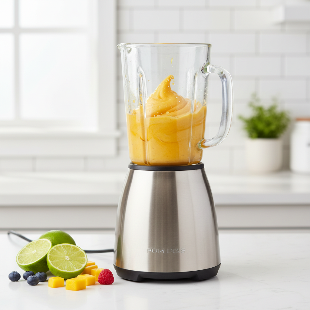 Blender making fruit sorbet for frozen desserts