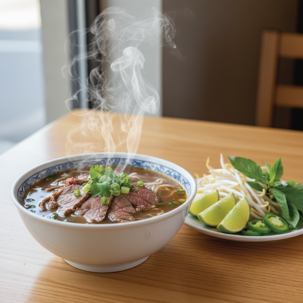 Easy Vietnamese beef pho served with herbs, lime, and bean sprouts