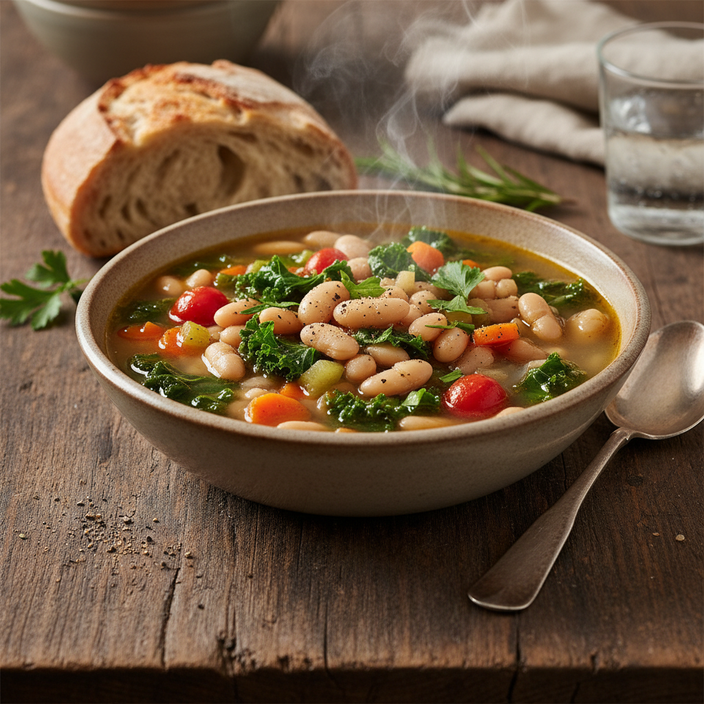 Tuscan white bean vegetable soup with kale and crusty bread on the side