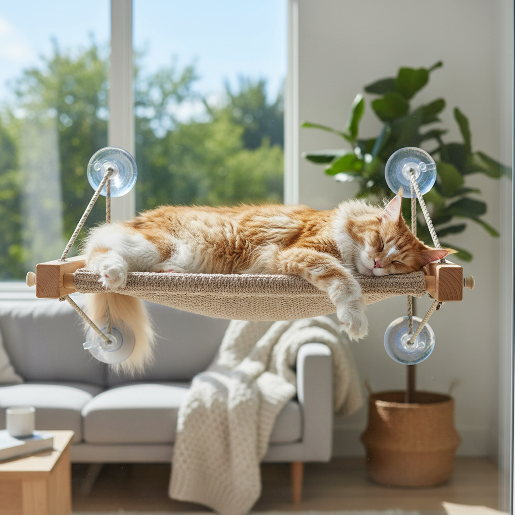Large cat resting on a heavy duty window hammock with secure supports