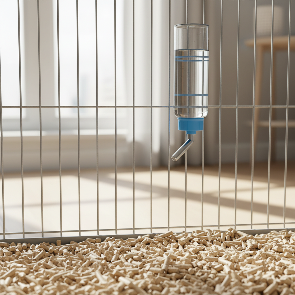 Rabbit cage water bottle mounted on wire cage with dry bedding underneath