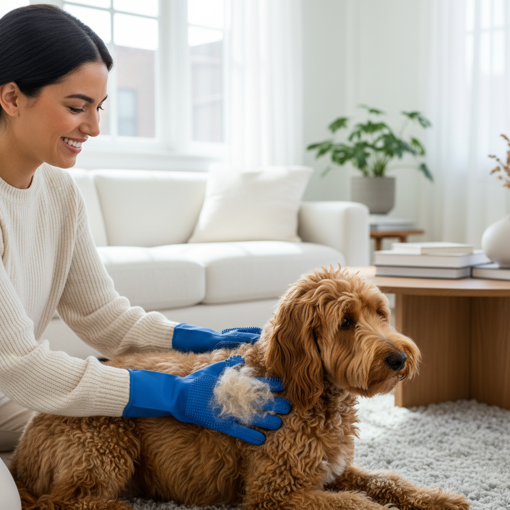 Using pet grooming gloves on a shedding dog at home