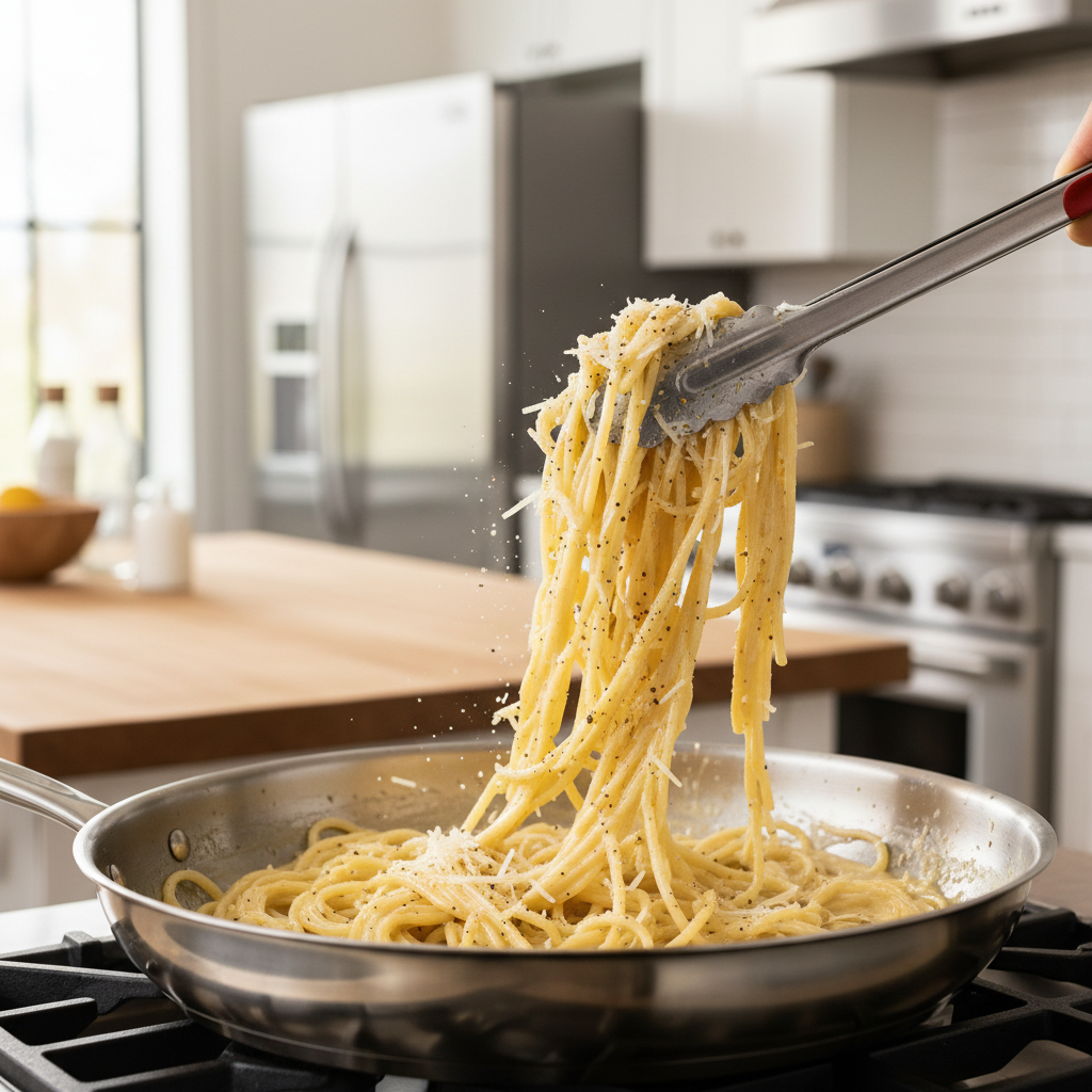 Creamy spaghetti being tossed in a skillet with Parmesan and black pepper