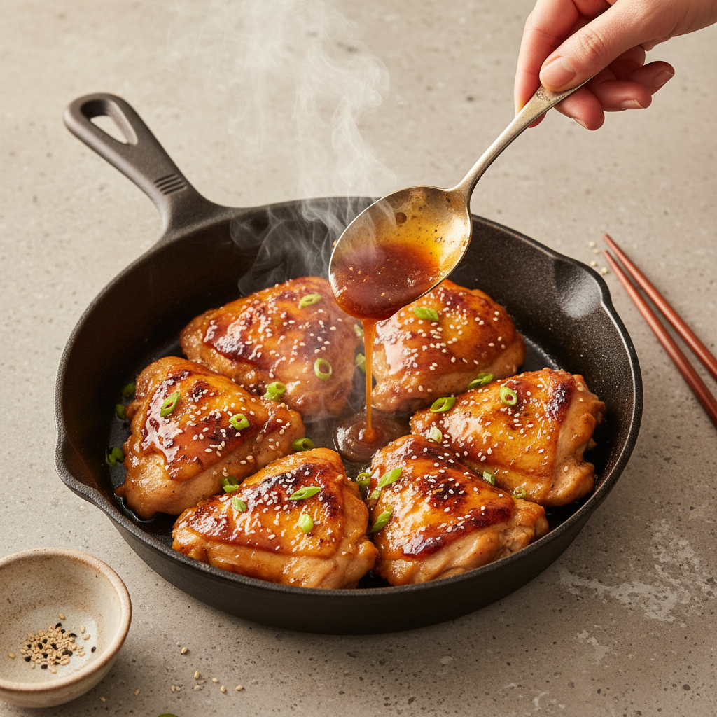 Teriyaki chicken thighs in a skillet with sauce being spooned over for simple teriyaki recipes