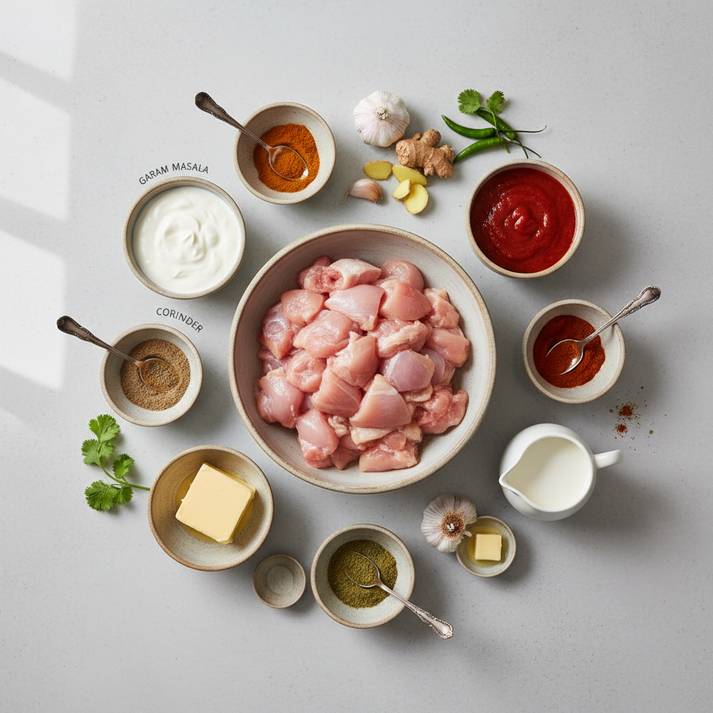 Butter chicken ingredients on a kitchen counter including spices, yogurt, tomatoes, and chicken thighs