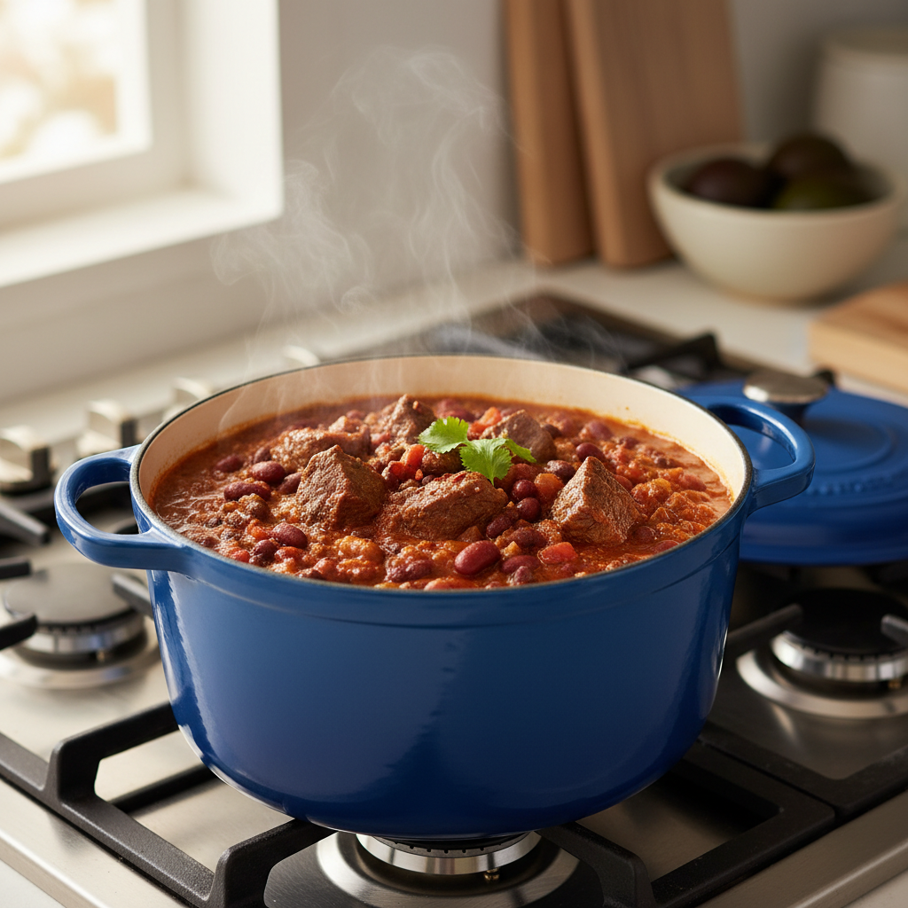 Hearty beef chili simmering in a Dutch oven on a stovetop