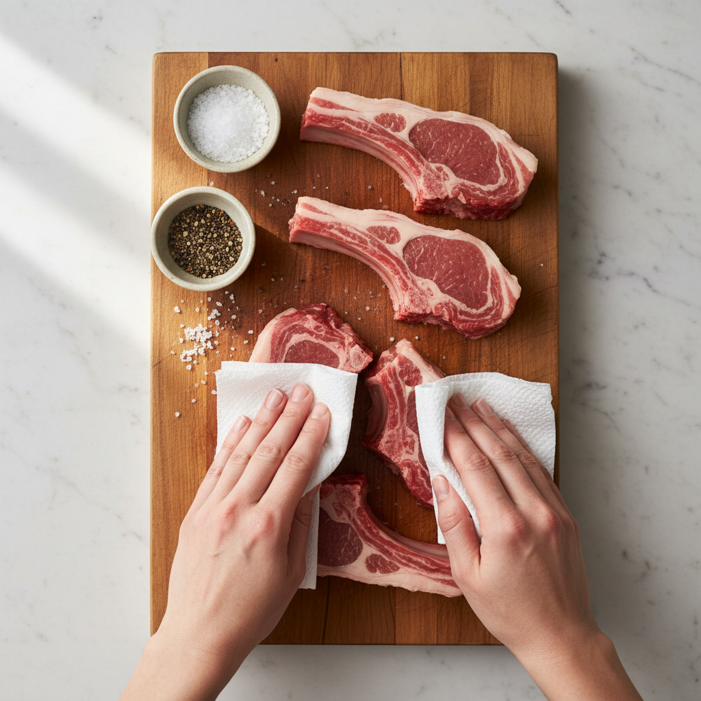 Raw lamb rib chops on a cutting board being patted dry and seasoned with salt and pepper