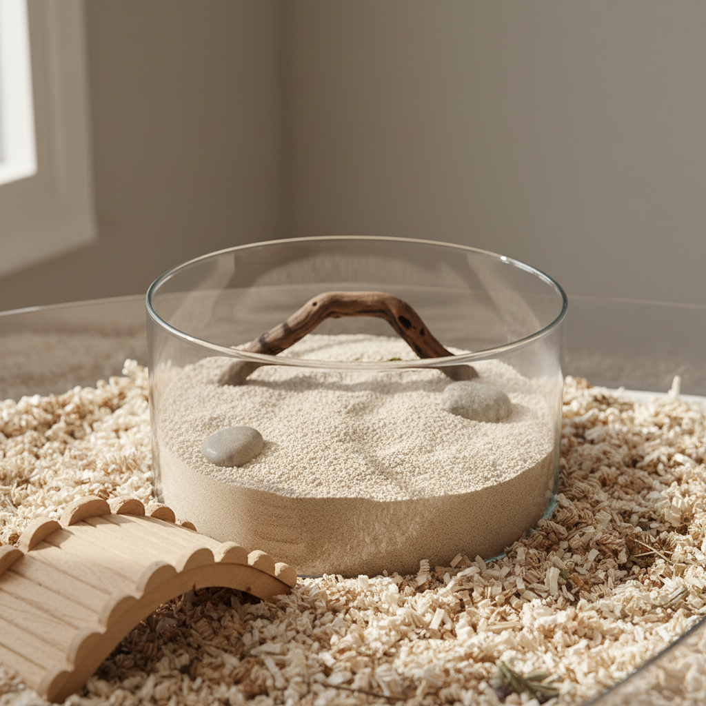 High-sided hamster sand bath container to reduce dust and tracking