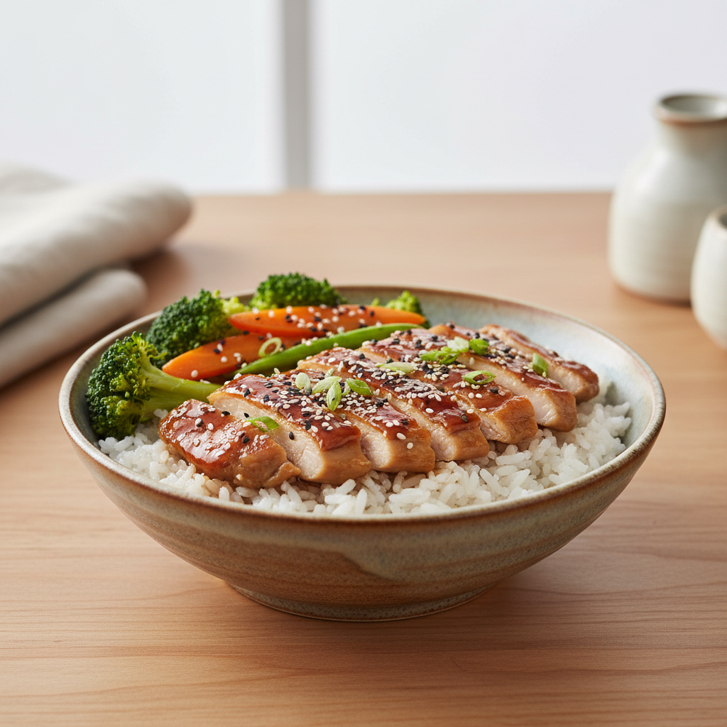 Simple Japanese rice bowl with teriyaki chicken and vegetables