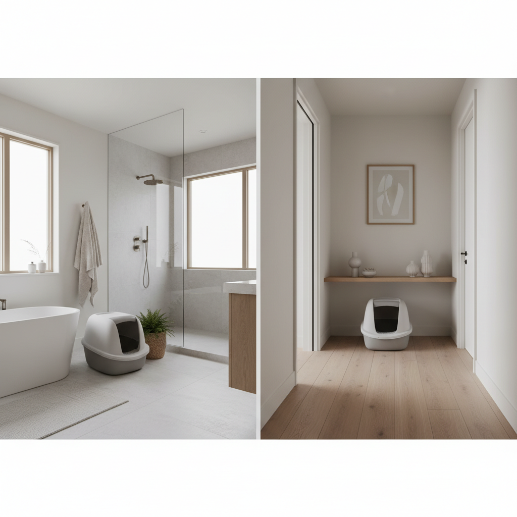 Two large high sided litter boxes placed in separate quiet areas of a home