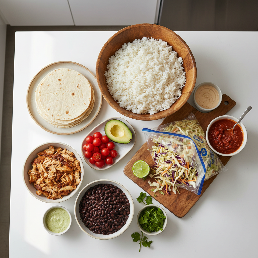 Mix and match weeknight meal components laid out for bowls and tacos