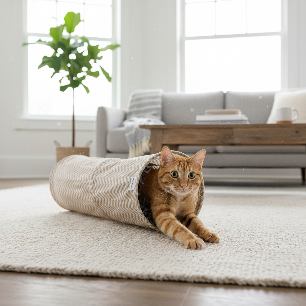 Indoor cat exploring a crinkle sound tunnel toy in a living room