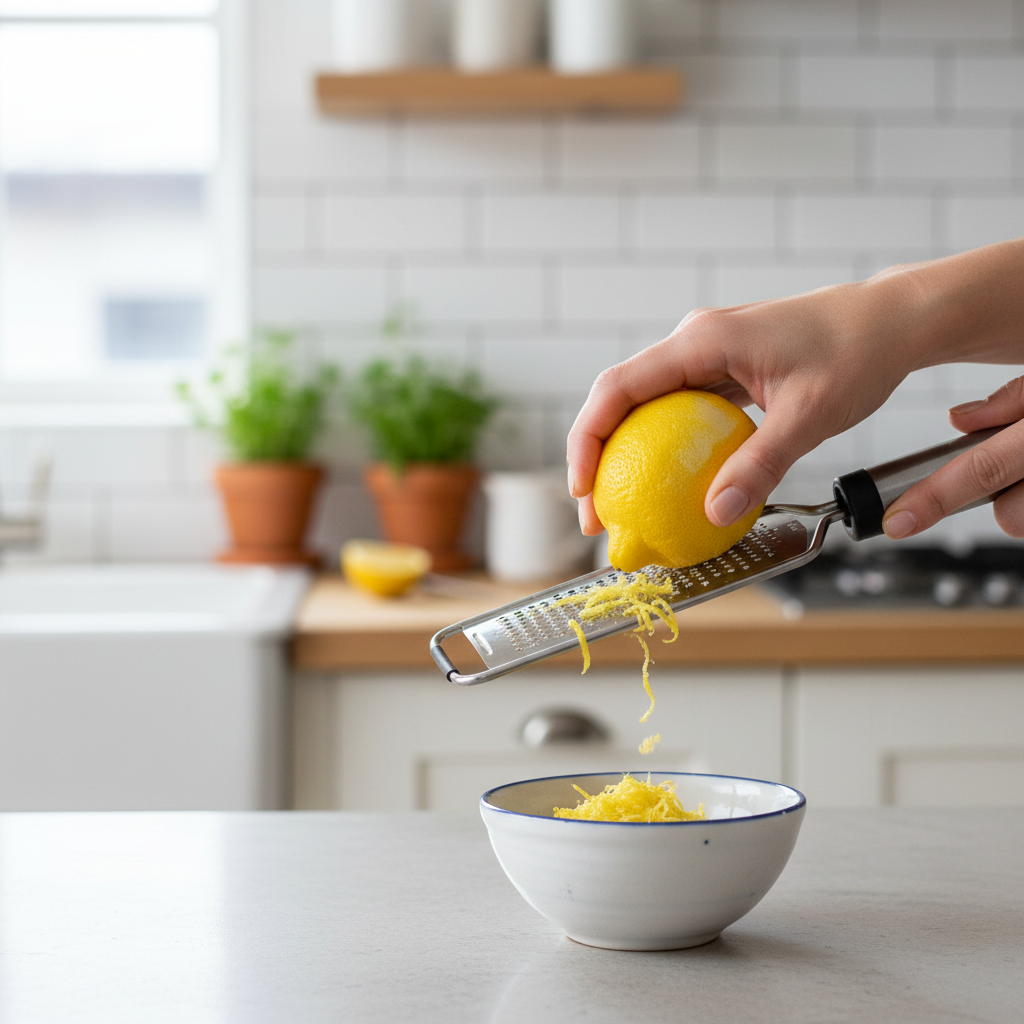 Lemon zest being grated with a microplane over a bowl