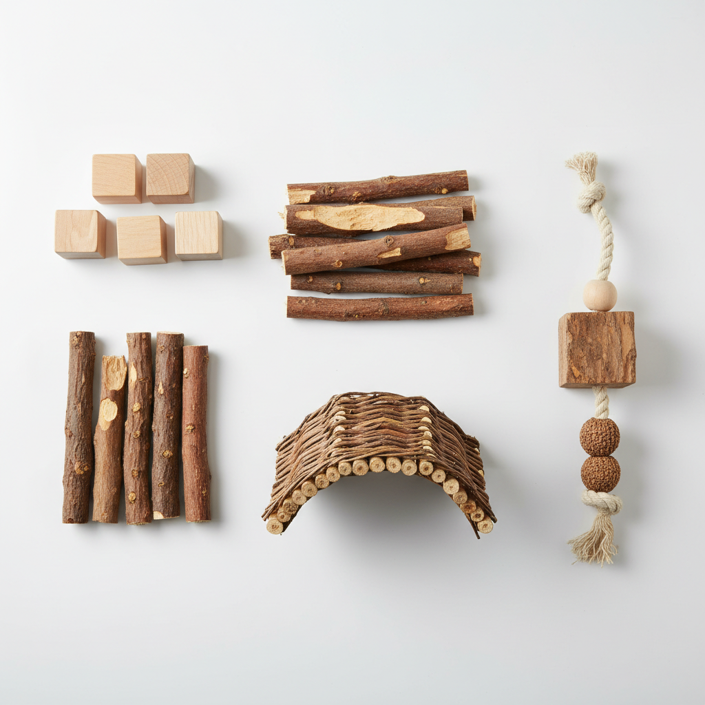 Comparing wooden chew toy set pieces by size and texture for small pets