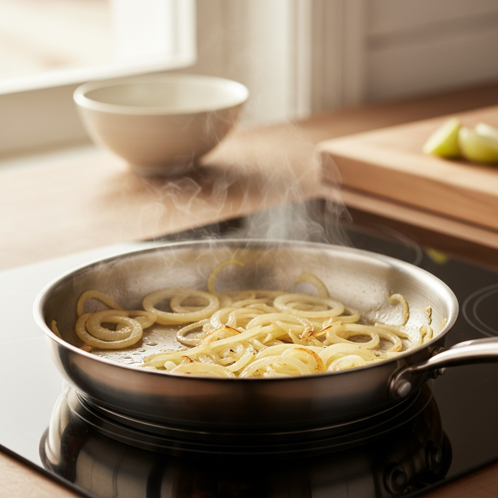 Sliced yellow onions cooking in a skillet for savory onion recipes