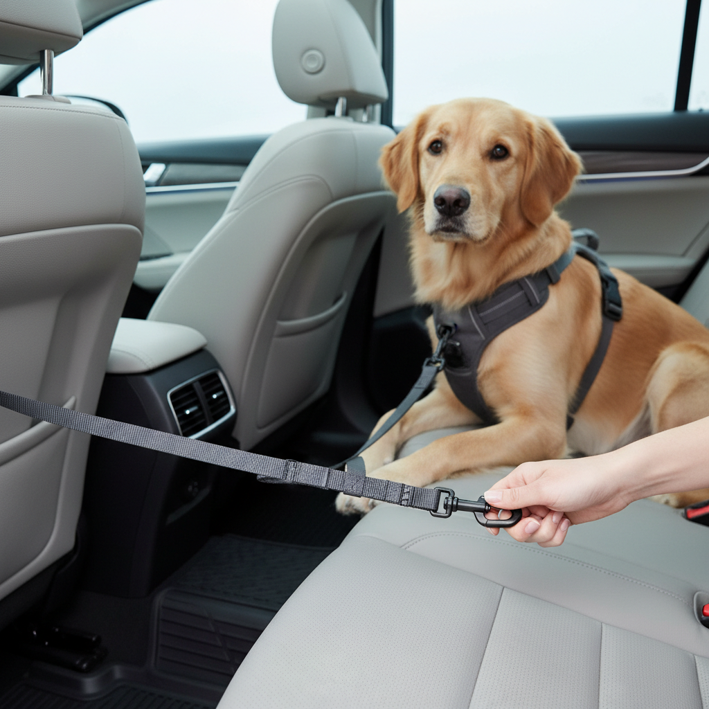 Step-by-step setup of a dog seat belt tether in a car back seat