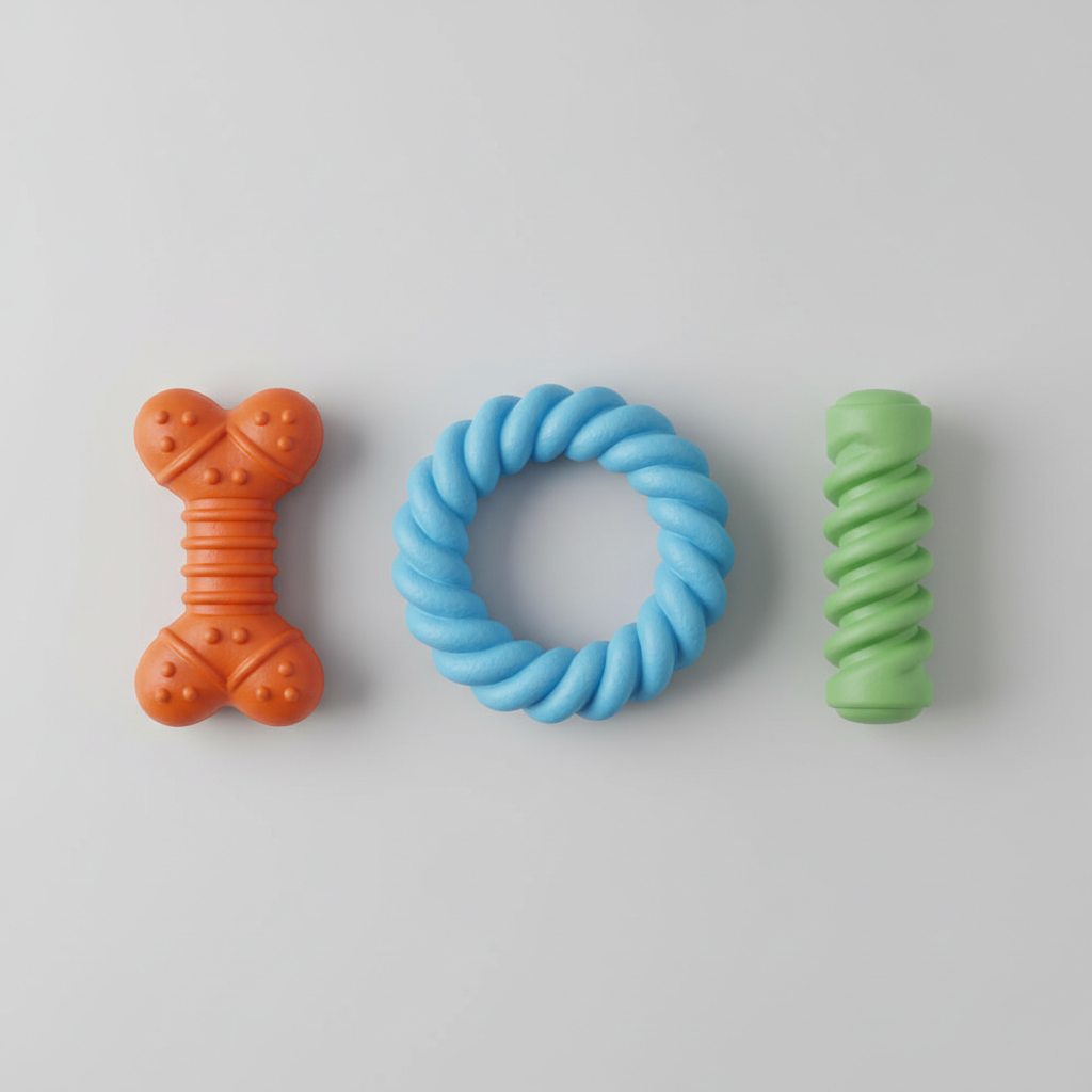 Close-up of safe rubber puppy teething toys with different textures