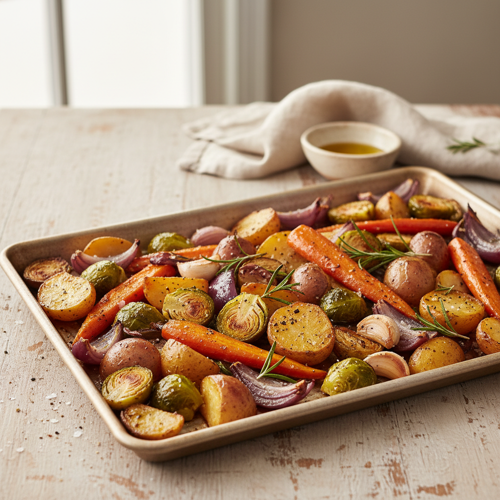 Roasted vegetables caramelizing on a sheet pan with rosemary and garlic