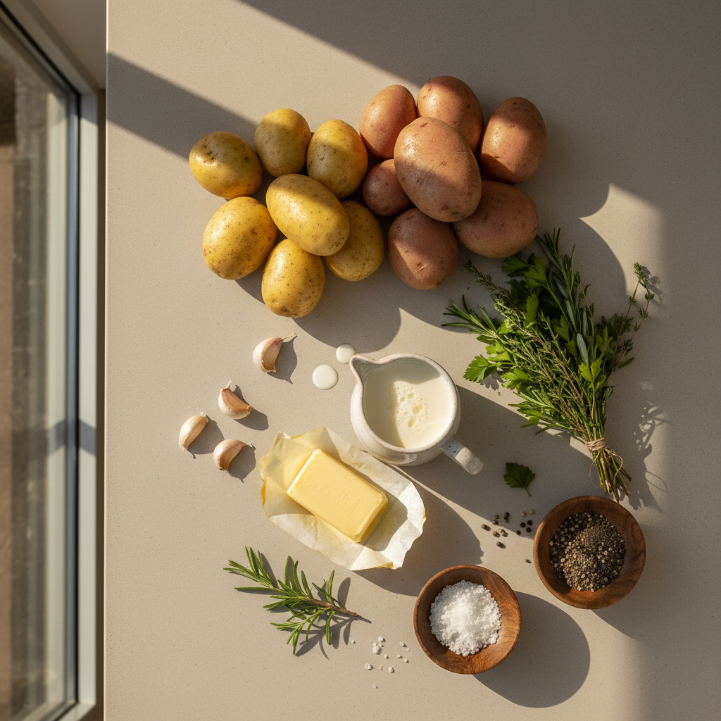 Kitchen counter with Yukon Gold and russet potatoes plus dairy for creamy potato recipes