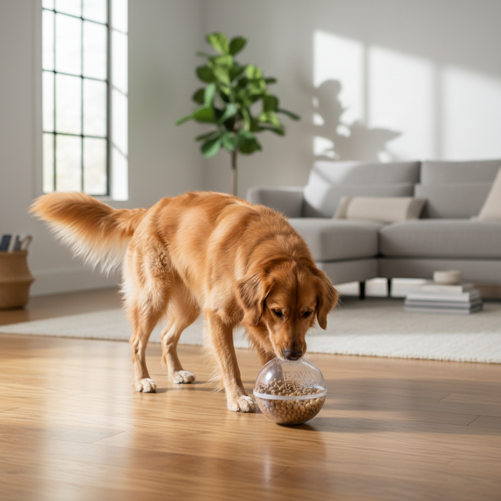 Dog using a treat dispenser ball on a living room floor