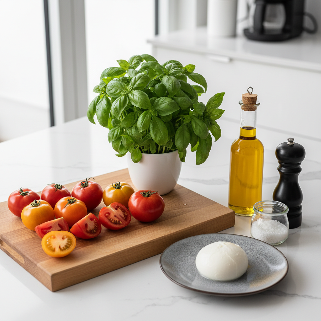 Ingredients for tomato mozzarella salad on a kitchen counter with tomatoes basil mozzarella and olive oil