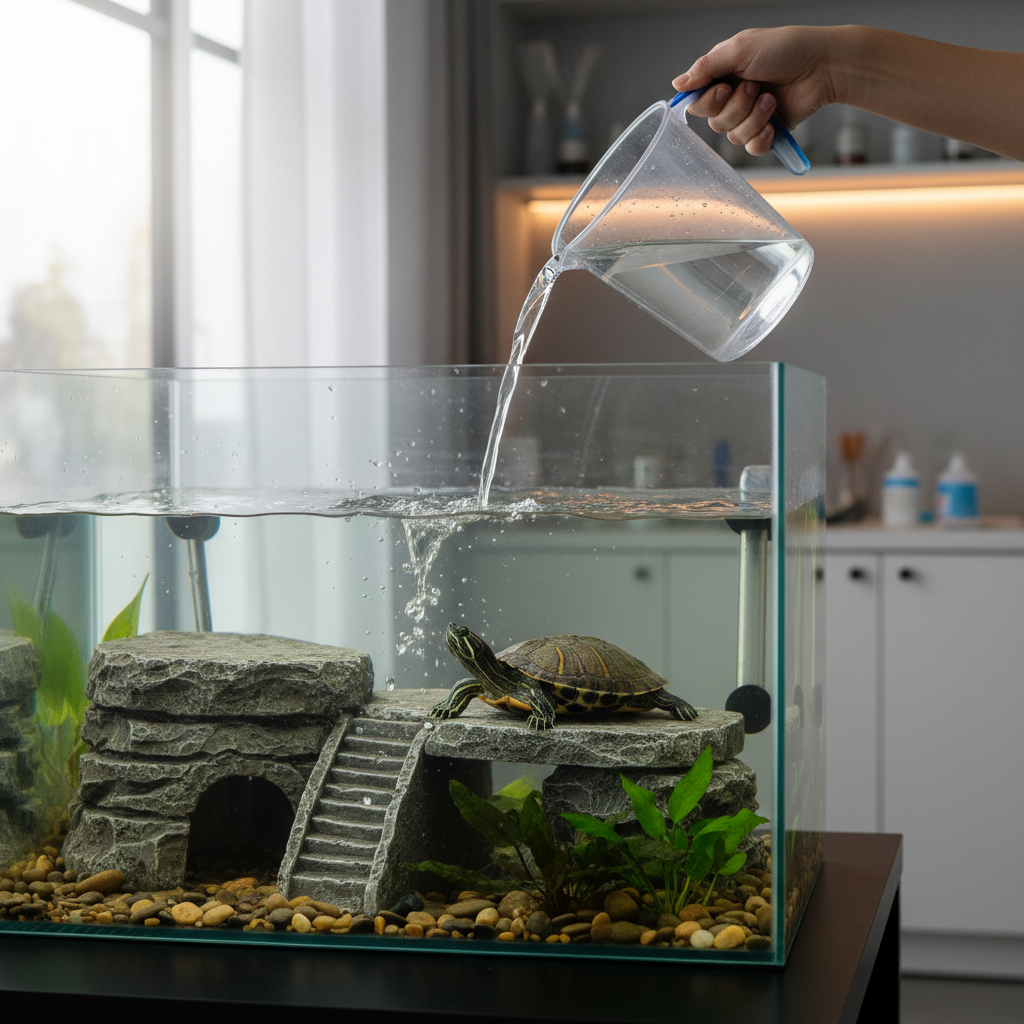 Refilling a turtle aquarium slowly with conditioned water after siphoning
