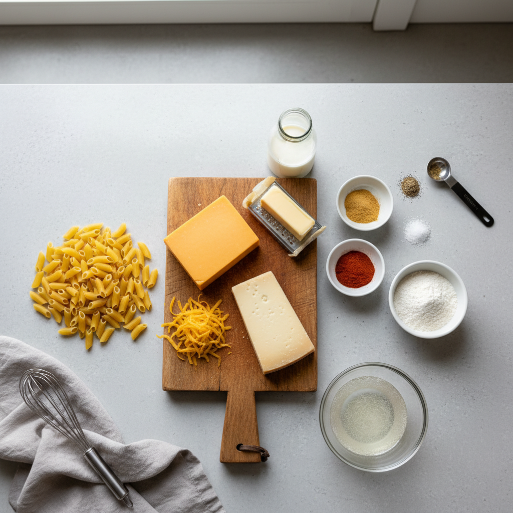 Ingredients for creamy mac and cheese: cheddar, evaporated milk, pasta, butter and spices