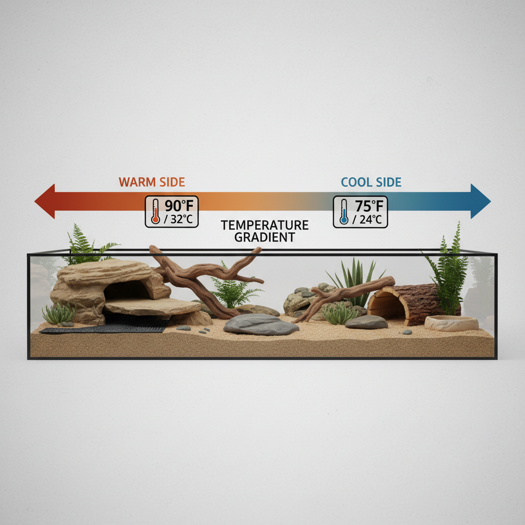 Reptile terrarium warm and cool side layout showing temperature gradient concept