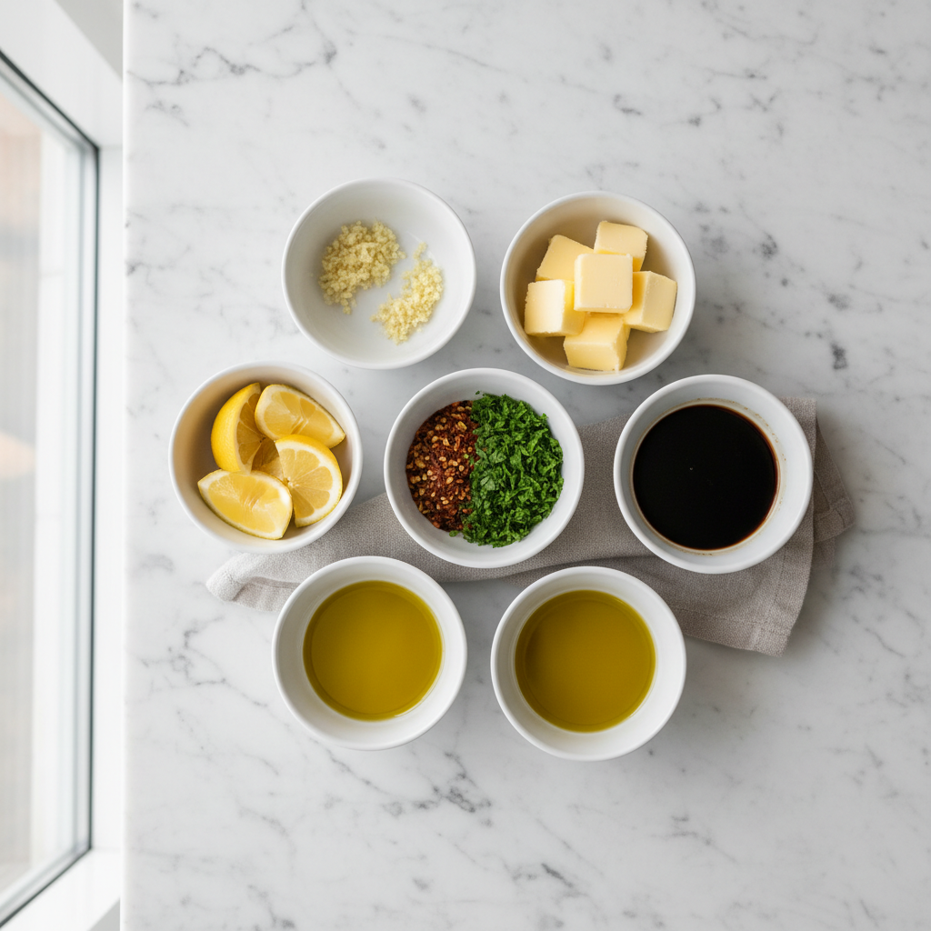 Shrimp sauce ingredients set for quick cooking: garlic, lemon, herbs, butter