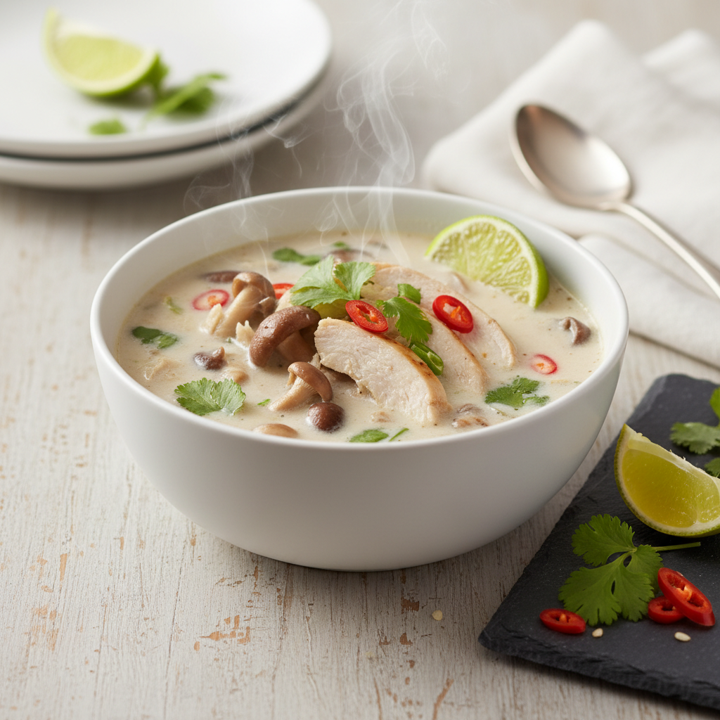 Bowl of Thai coconut soup Tom Kha Gai with chicken, mushrooms, cilantro, and lime