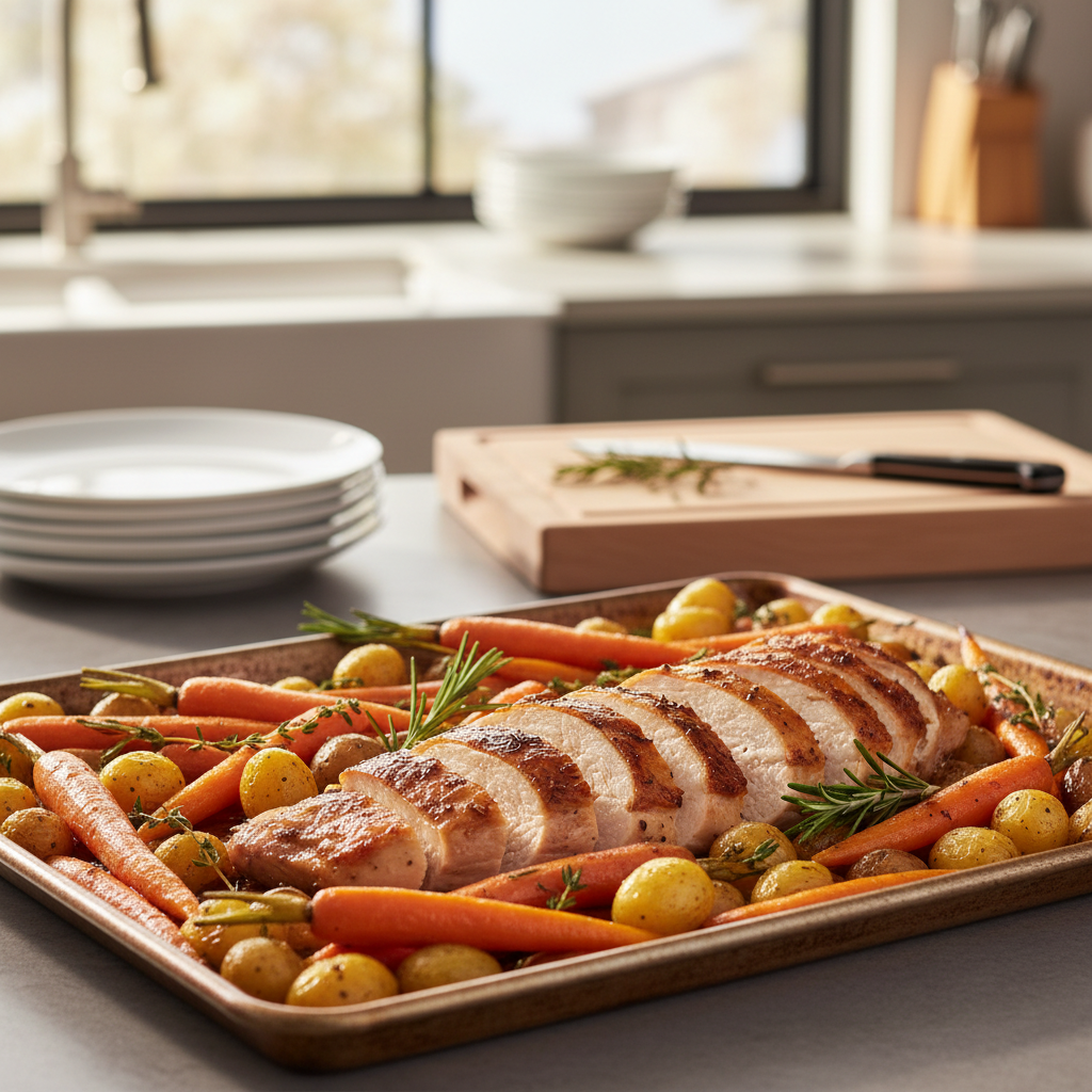 Sliced roast chicken dinner with vegetables on a sheet pan