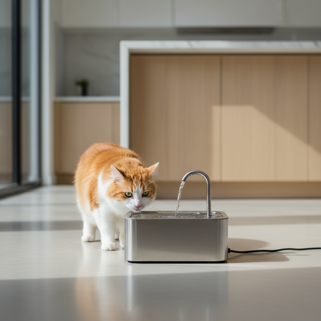 Quiet cat water fountain on kitchen floor with curious cat nearby