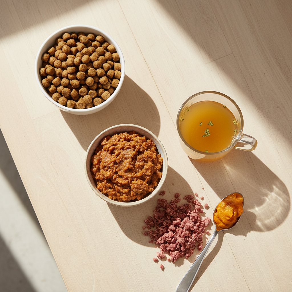 Side-by-side puppy food topper options: wet food, broth, freeze-dried, pumpkin