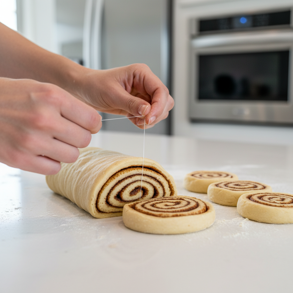 Slicing cinnamon roll log with dental floss for clean spirals