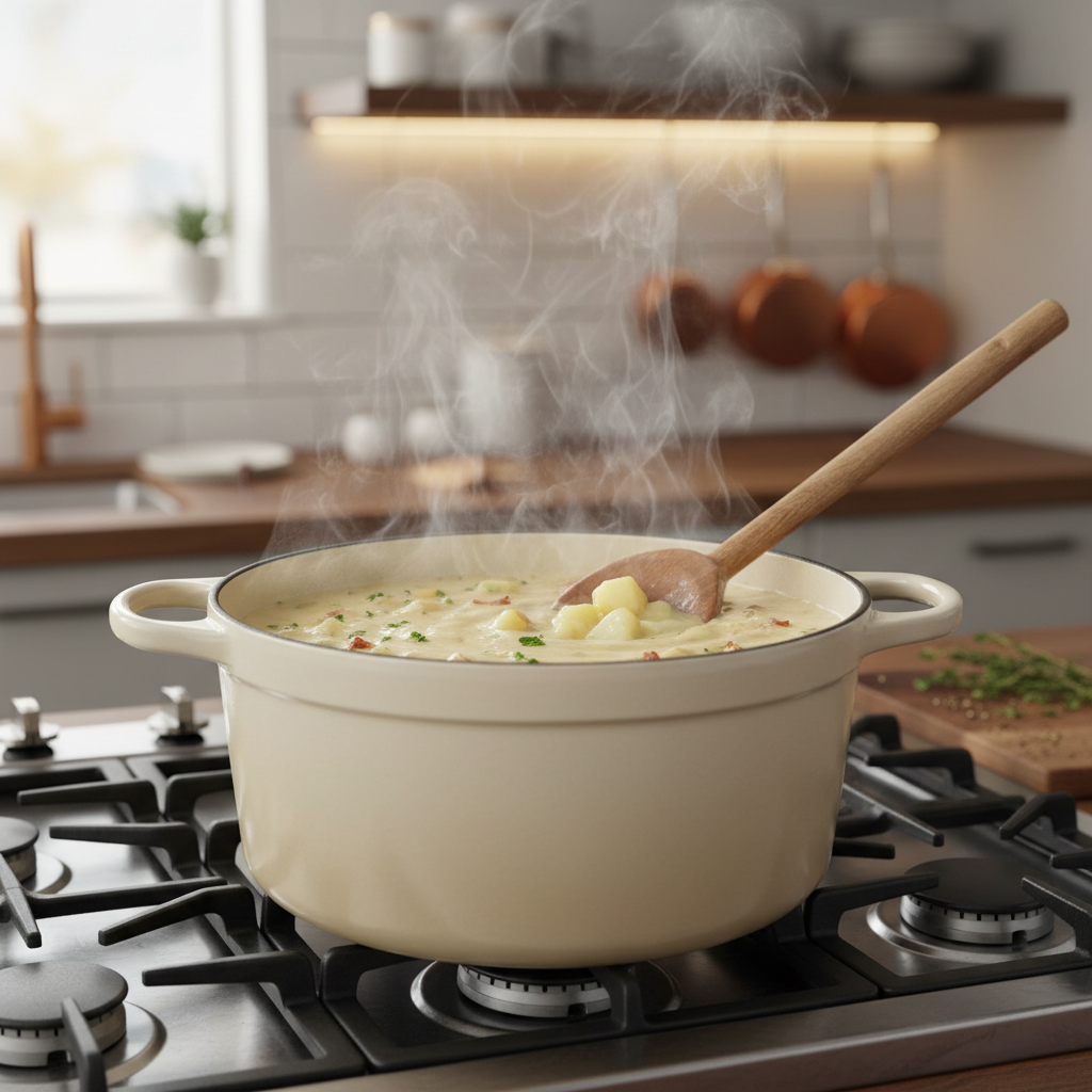 Potatoes being mashed in a pot of clam chowder to thicken