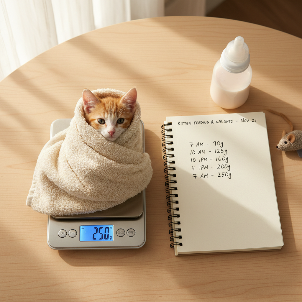 Daily kitten care log with gram scale and feeding notes