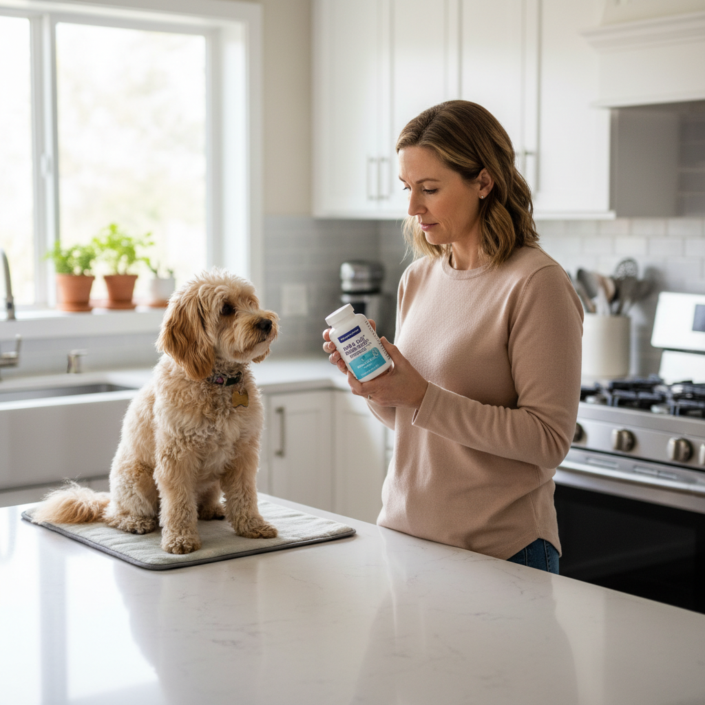 Dog owner reviewing pet probiotic label for diarrhea support